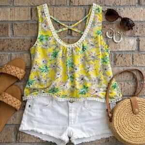 Chelsea Floral  Chiffon Lace Trim Tank Top Yellow Boho Cross Back Sz M